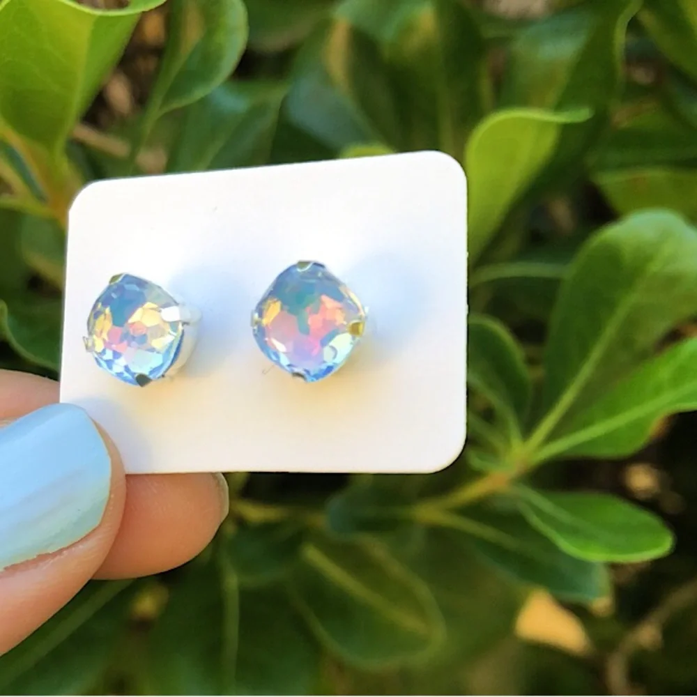 Pastel Periwinkle Aurora Borealis Opal Cushion Cut Crystal Earrings